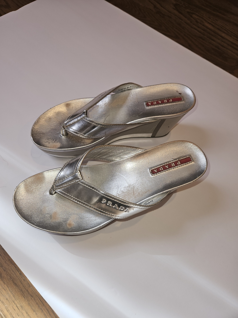 Prada Silver Wedge Flip-Flop Sandals